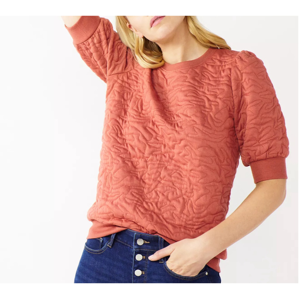 Nine West Short Sleeve Quilted Sweatshirt Rustic Orange Size M